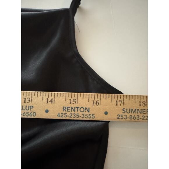 BEBE Black Satin Cowl Neck Slip Mini Dress Women’s Large Y2K New - Picture 6 of 13